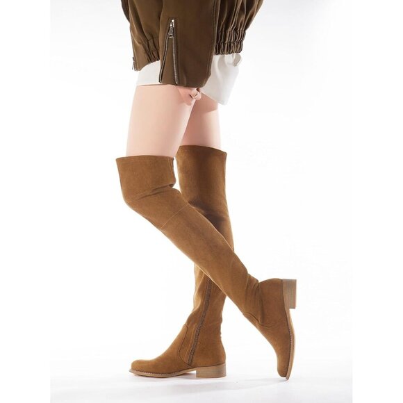 Women Brown Faux Suede Over The Knee Thigh High Low Block Heel Pointed Toe Boot - Picture 7 of 7
